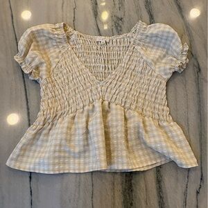 La Hearts Cream and Light Beige Smocked Plaid Top